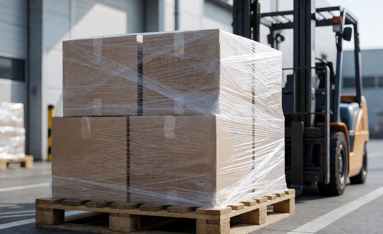 Wrapped pallet of cartons staged at an air cargo terminal