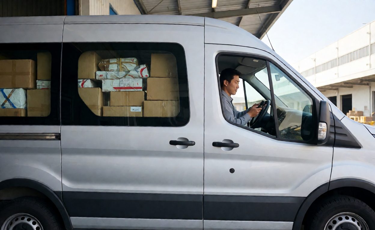 Delivery van loaded with mixed parcels at a warehouse dock