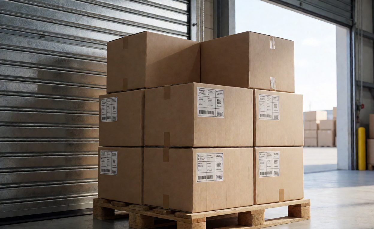 Stack of export cartons with clearance labels on a pallet near a warehouse roller door
