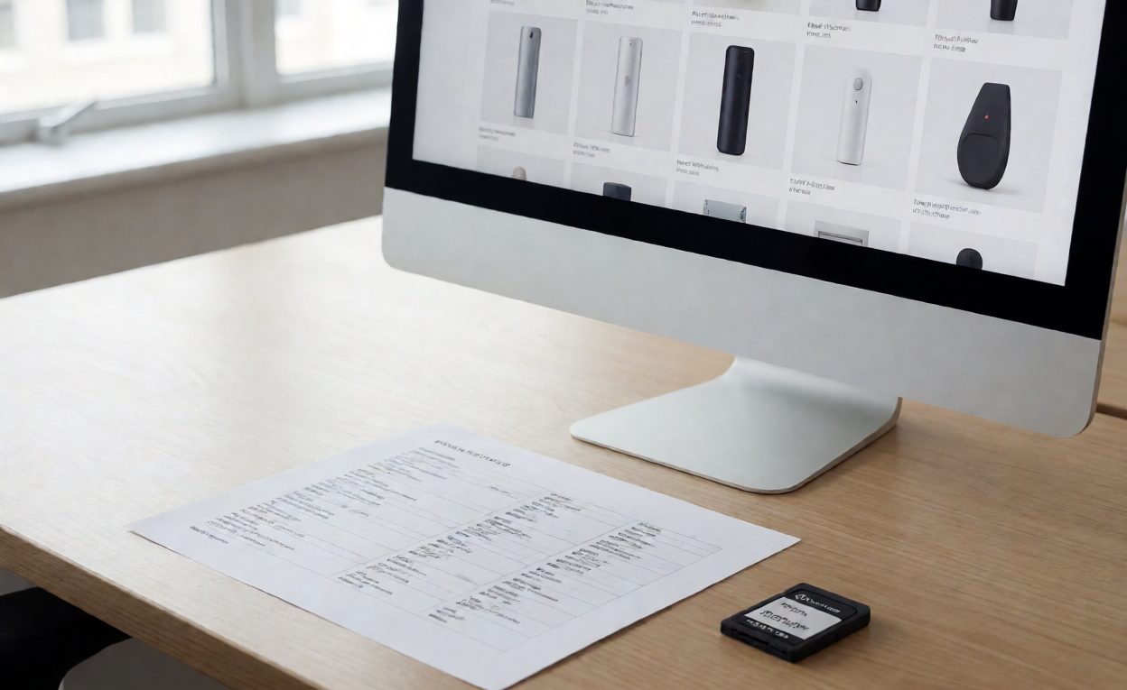 Reviewing a finished image set against the spec Monitor showing a grid of product images beside a printed spec sheet