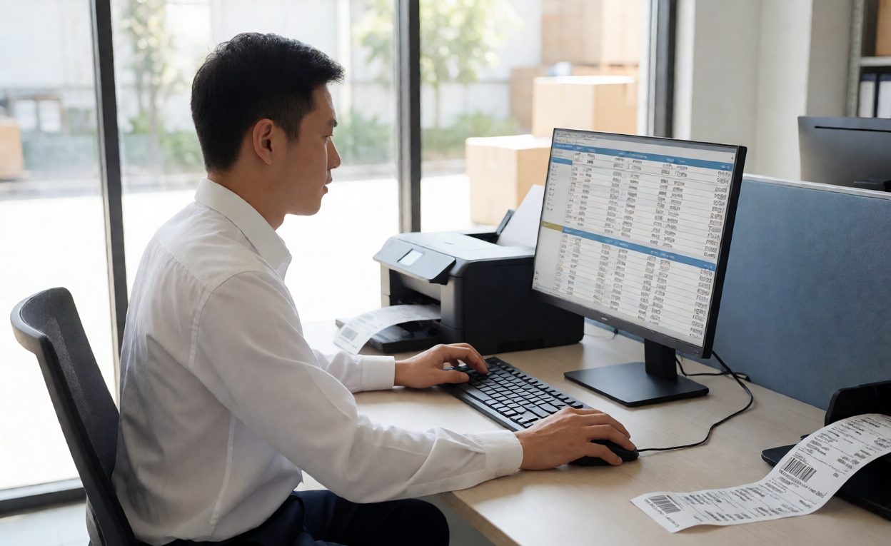 Worker printing shipping labels while a monitor shows multi-channel orders