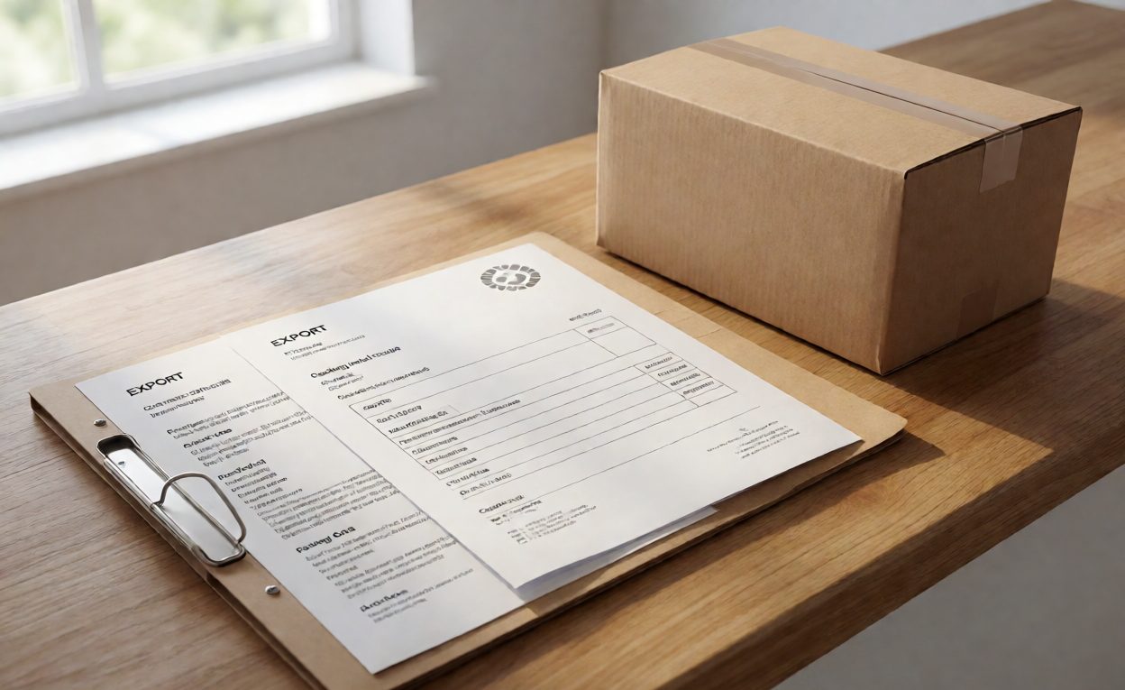 Assembling the export documentation pack Export documents including invoice and packing list beside a sealed carton