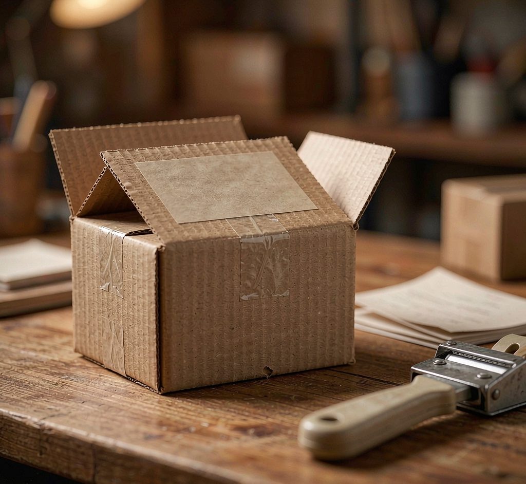 Shipping label and packing slip on a cardboard box at a packing bench