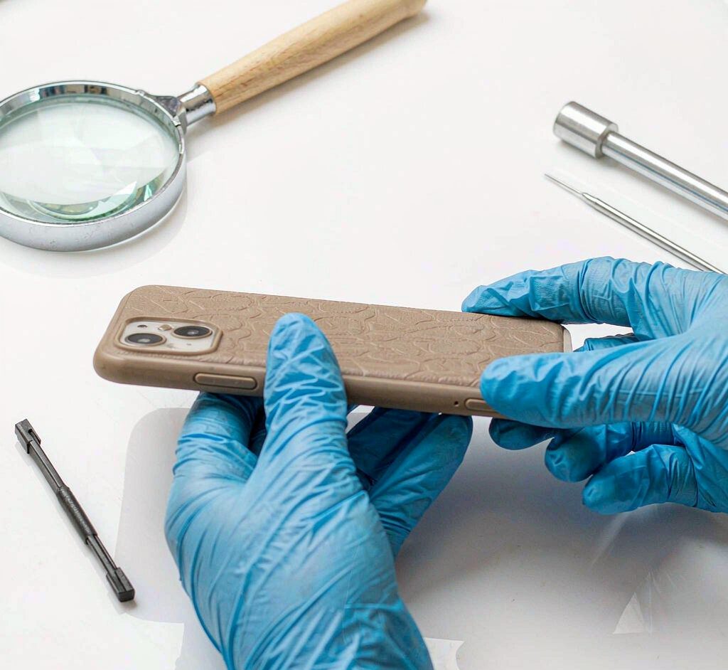 RMA inspection workflow Gloved hands inspecting a returned product during RMA quality triage