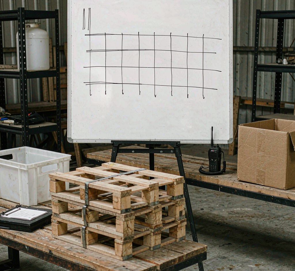 Capacity planning board and stacked pallets in a warehouse during Q4 peak season