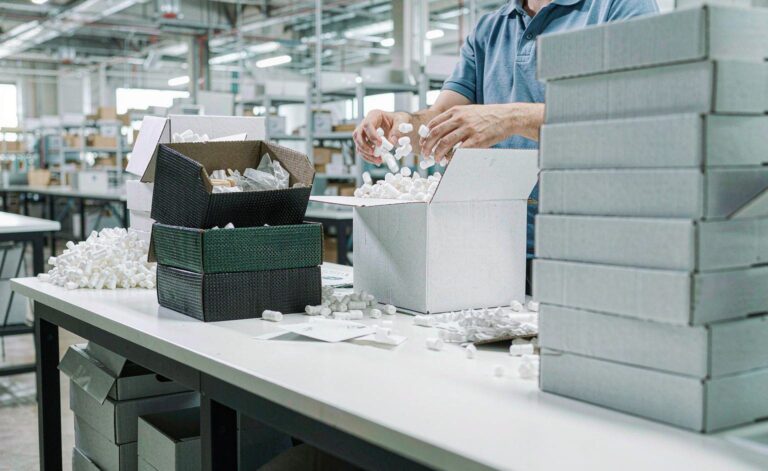 E-commerce fulfillment worker packing orders with shipping labels at a warehouse