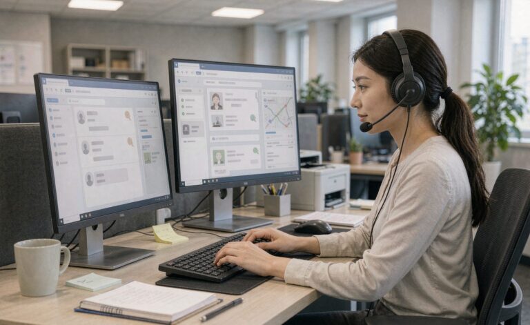 Customer service agent responding to e-commerce order inquiries at a workstation