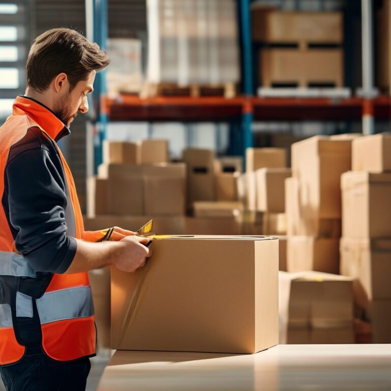 Warehouse worker measuring outside dimensions of a corrugated shipping box with a tape measure